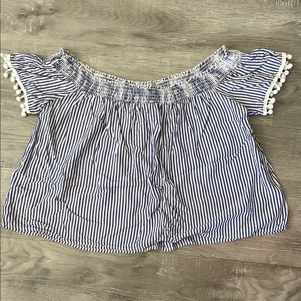 love, Fire Blue and White Striped Off-Shoulder Top